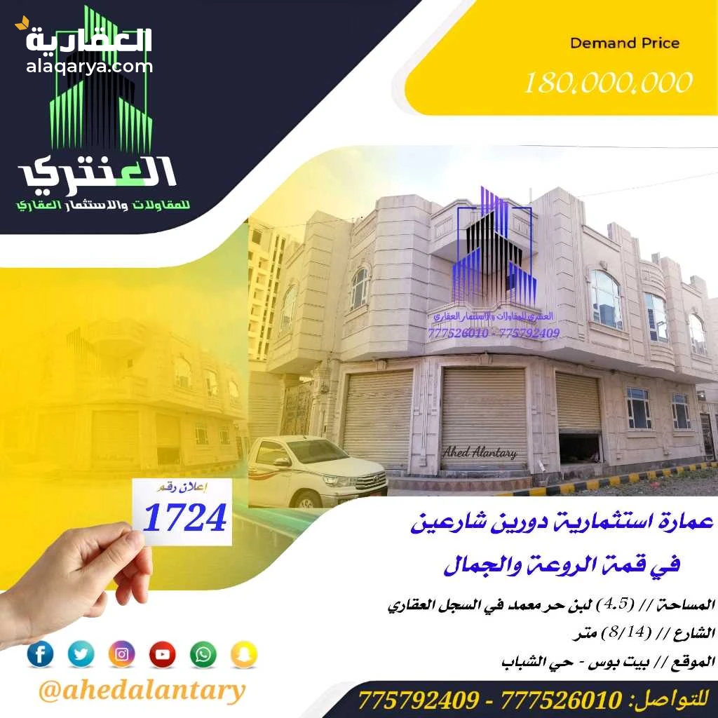 عمارة تجارية دورين شارعين سوبر لوكس عرض رقم ١٧٢٤